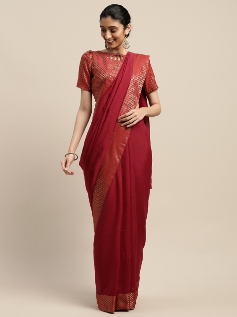 

SHAVYA Maroon Solid Silk Blend Woven Design Border Saree