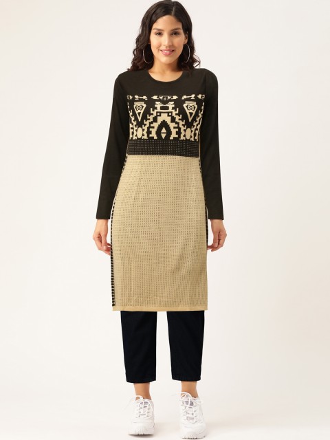 

American Eye Women Beige & Black Woven Design Straight Winter Kurta