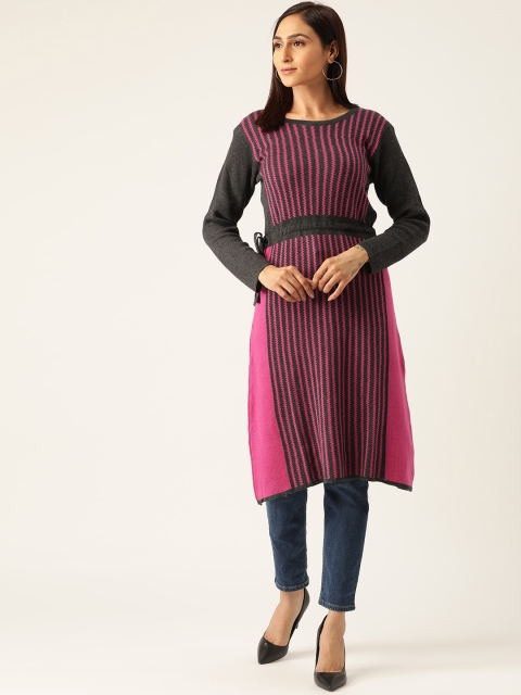 

American Eye Women Pink & Charcoal Grey Striped Pullover Longline Sweater