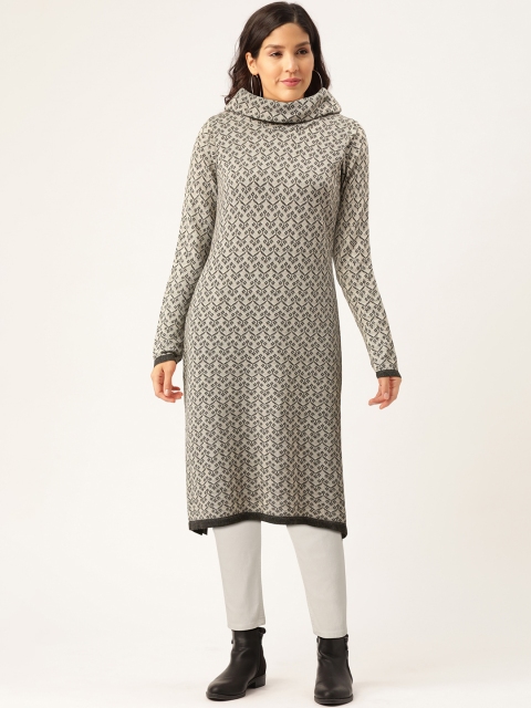 

American Eye Women Grey & White Woven Design Knitted Straight Winter Kurta