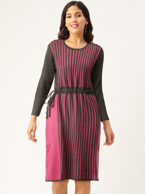 

American Eye Women Pink & Charcoal Grey Striped Knitted Sweater Dress