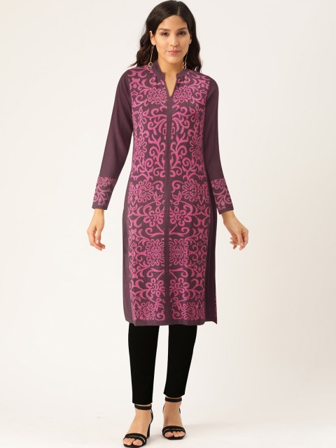 

American Eye Women Purple & Pink Woven Design Knitted Straight Winter Kurta