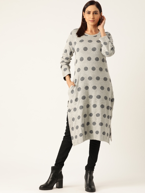 

American Eye Women Grey Polka Dots Patterned Straight Kurta