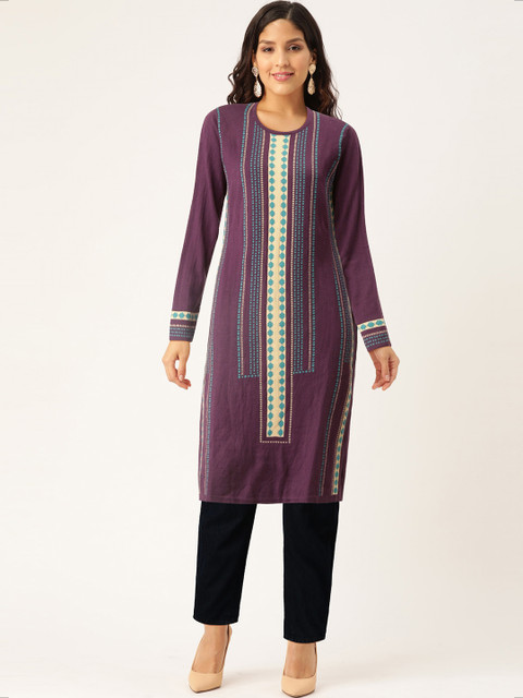 

American Eye Women Purple & Blue Woven Design Knitted Straight Winter Kurta