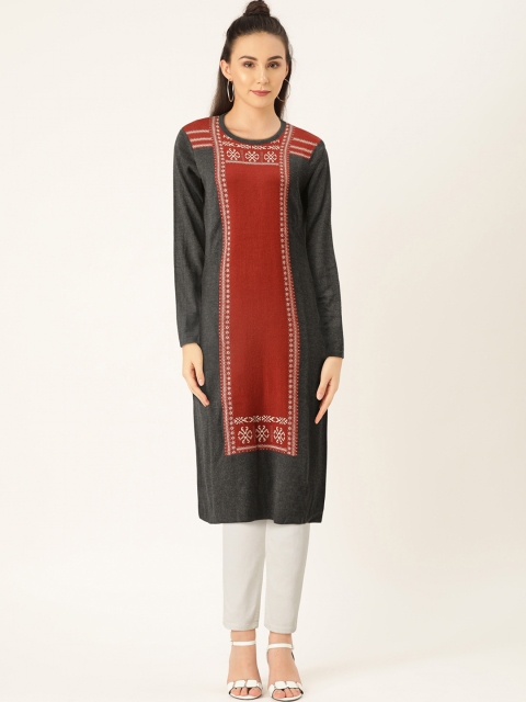 

American Eye Women Charcoal Grey & Maroon Woven Design Straight Winter Kurta