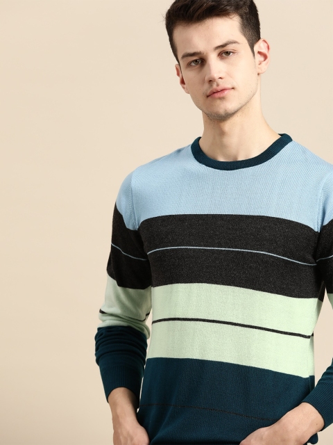 

ether Men Green & Charcoal Grey Striped Acrylic Pullover Sweater