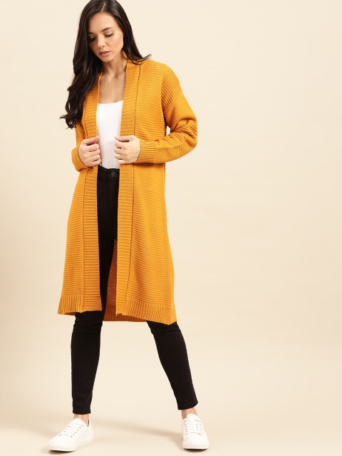 

ether Women Mustard Yellow Ribbed Front-Open Sweater