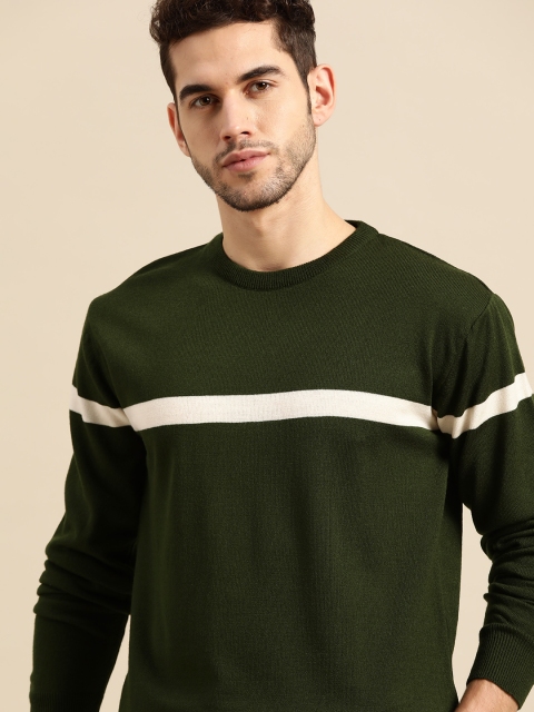 

ether Men Olive Green & White Solid Pullover Sweater