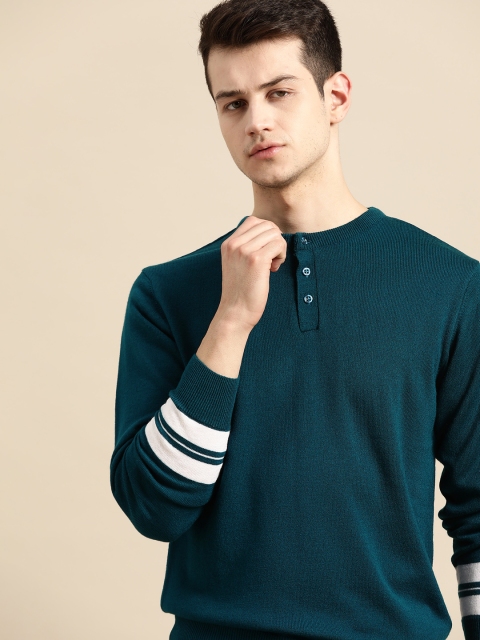 

ether Men Teal Blue Solid Pullover Sweater