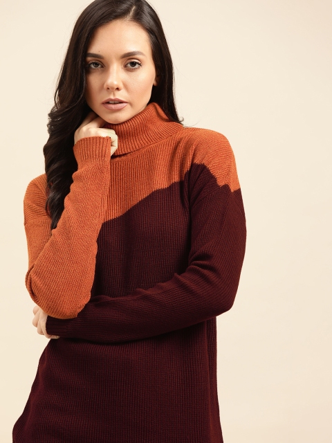 

ether Women Burgundy & Rust Orange Colourblocked Sweater