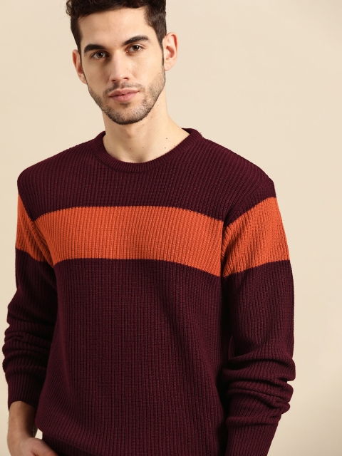

ether Men Burgundy & Rust Orange Striped Pullover Sweater