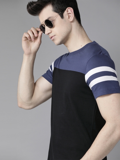 

Roadster Men Blue & Black Colourblocked Pure Cotton Round Neck T-shirt