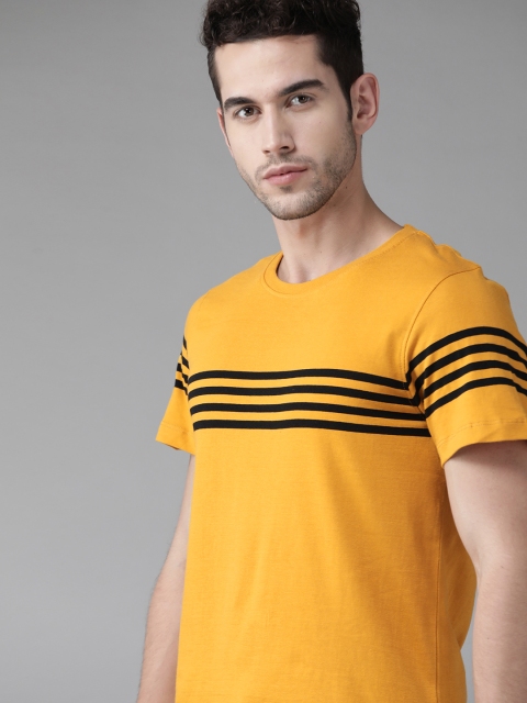 

Roadster Men Mustard Yellow Pure Cotton Striped Round Neck T-shirt