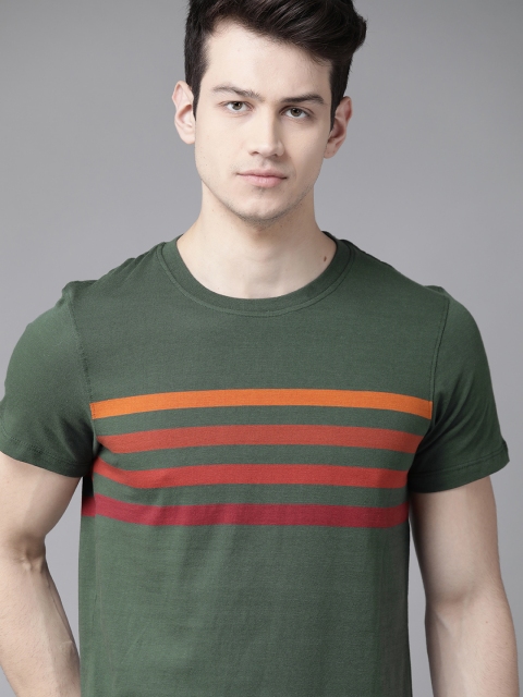 

Roadster Men Olive Green & Orange Pure Cotton Striped Round Neck T-shirt