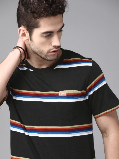 

Roadster Men Black Pure Cotton Striped Round Neck Pure Cotton T-shirt