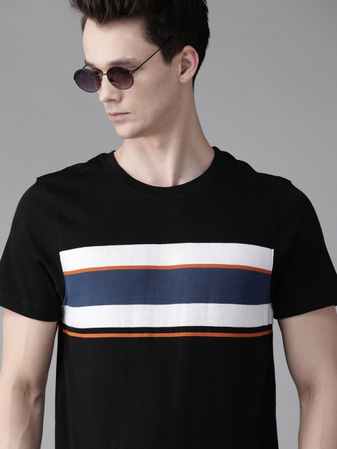 

Roadster Men Black & White Pure Cotton Striped Round Neck T-shirt