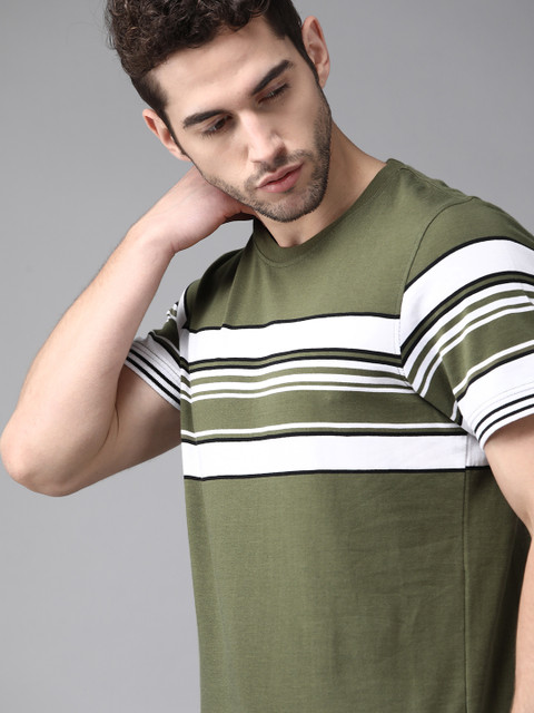 

Roadster Men Olive Green & White Pure Cotton Striped Round Neck T-shirt