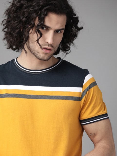 

Roadster Men Mustard Yellow & Navy Blue Striped Pure Cotton Round Neck T-shirt