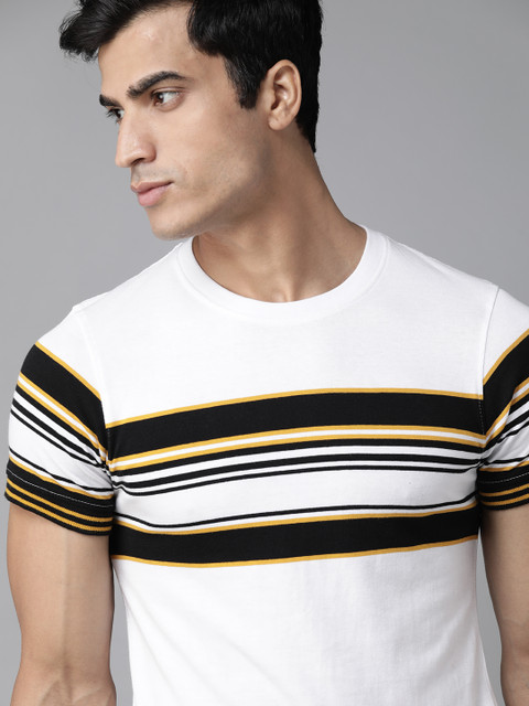 

Roadster Men White & Black Pure Cotton Striped Round Neck T-shirt