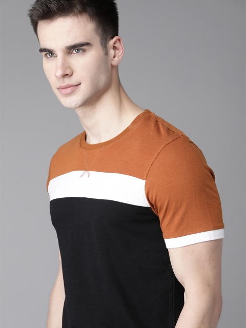 

Roadster Men Black & Mustard Brown Colourblocked Round Neck T-shirt