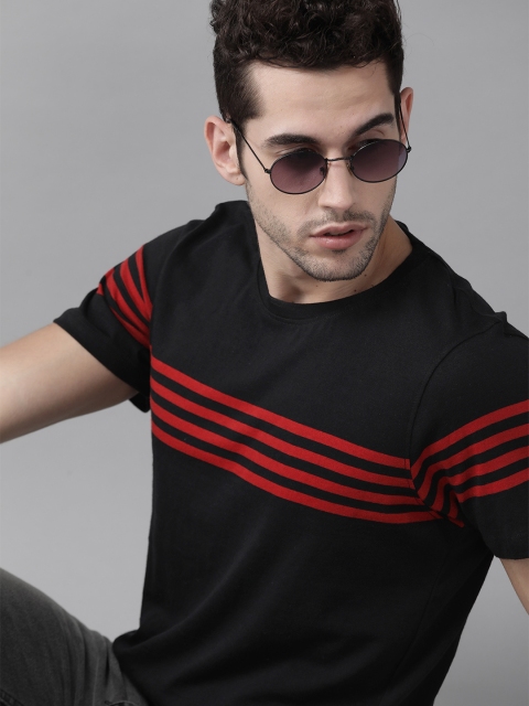 

Roadster Men Black Red Pure Cotton Striped Round Neck Pure Cotton T-shirt