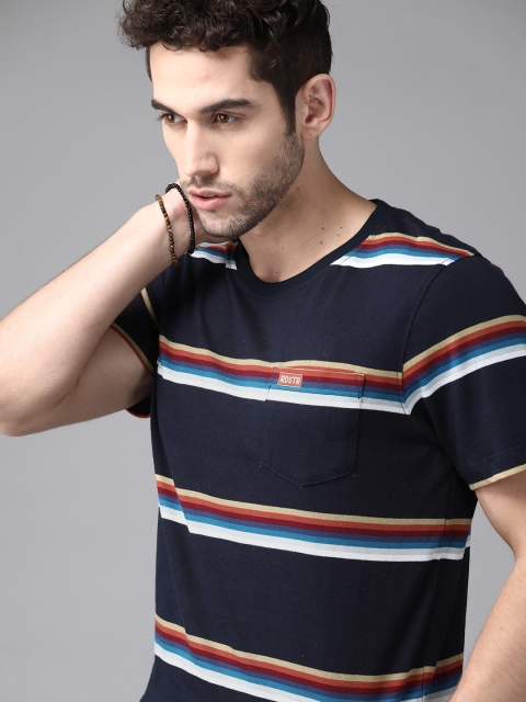 

Roadster Men Navy Pure Cotton Striped Round Neck Pure Cotton T-shirt, Navy blue