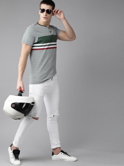 

Roadster Men Green & White Striped Pure Cotton Henley Neck T-shirt