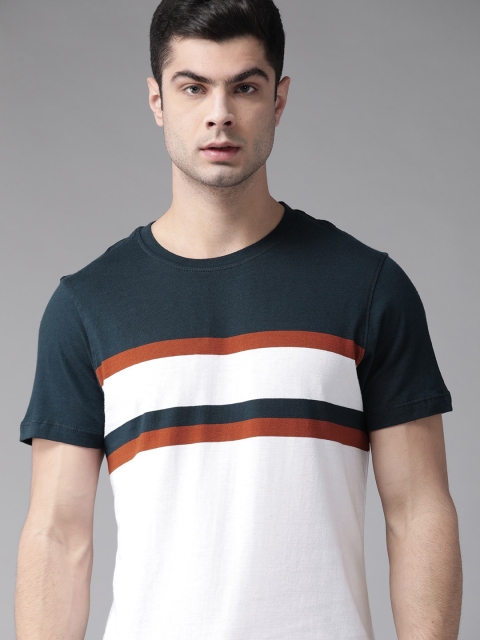 

Roadster Men White & Navy Pure Cotton Striped Round Neck T-shirt