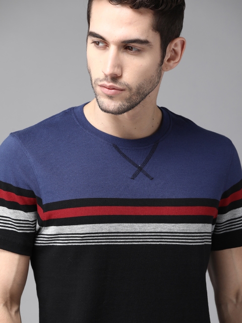 

Roadster Men Black Blue Striped Round Neck Pure Cotton T-shirt