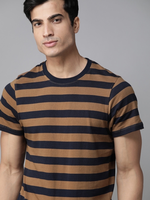 

Roadster Men Khaki & Navy Blue Pure Cotton Striped Round Neck T-shirt