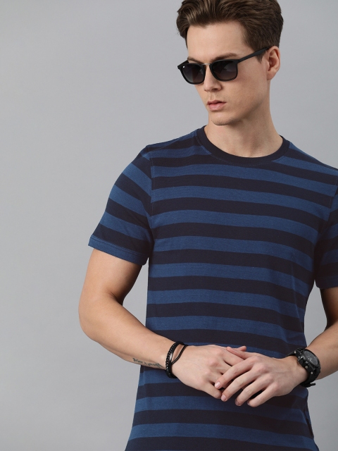 

Roadster Men Blue Striped Pure Cotton T-shirt