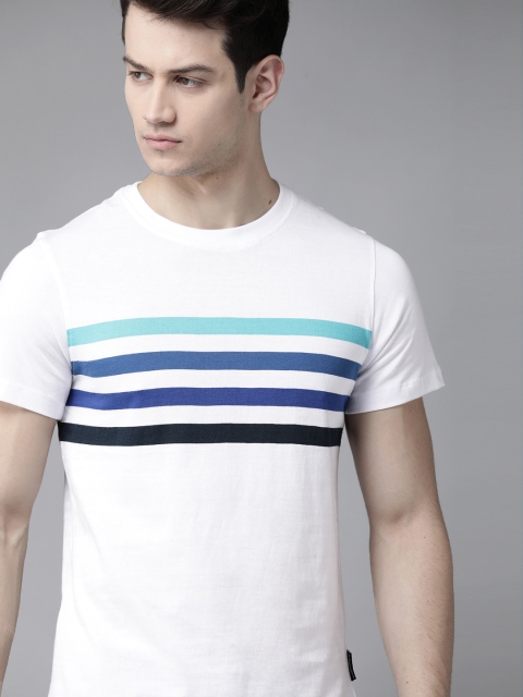 

Roadster Men White & Blue Pure Cotton Striped Round Neck T-shirt