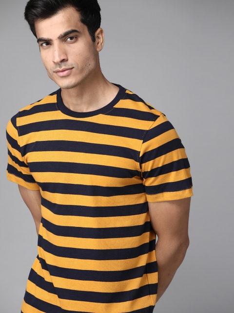 

Roadster Men Mustard Yellow Navy Pure Cotton Striped Round Neck Pure Cotton T-shirt