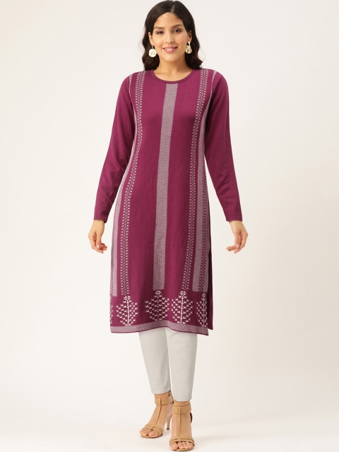 

American Eye Women Purple & White Self Striped Straight Winter Kurta