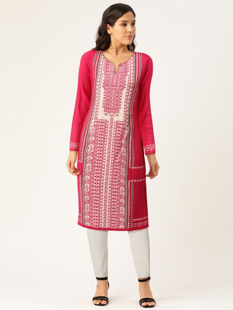 

American Eye Women Pink & Off-White Woven Design Winter Straight Kurta