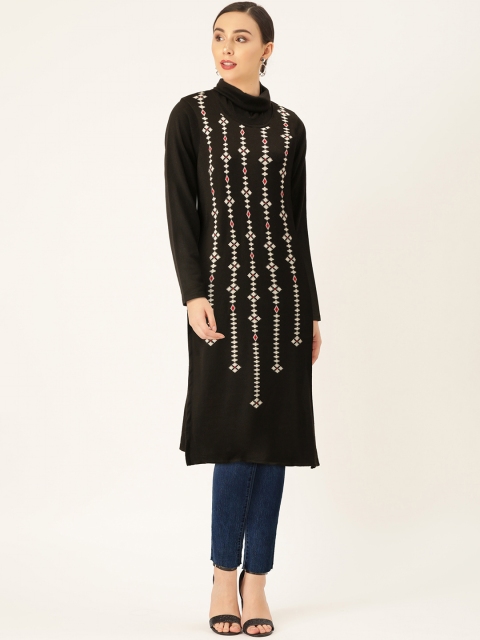 

American Eye Women Black & White Woven Design Straight Knitted Winter Kurta