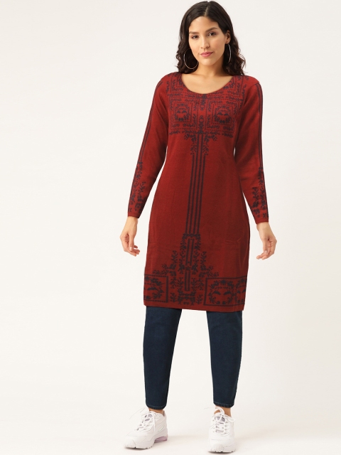 

American Eye Women Maroon & Navy Blue Woven Design Winter Straight Kurta