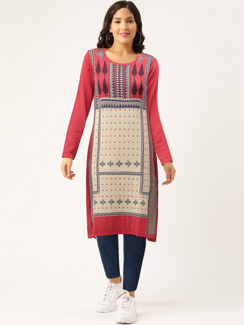 

American Eye Women Pink & White Woven Design Winter Straight Kurta