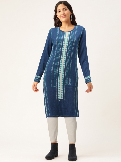 

American Eye Women Blue & White Geometric Woven Design Straight Winter Kurta