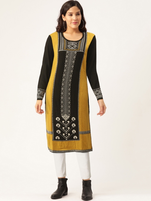

American Eye Women Mustard Yellow & Black Woven Design Straight Knitted Winter Kurta