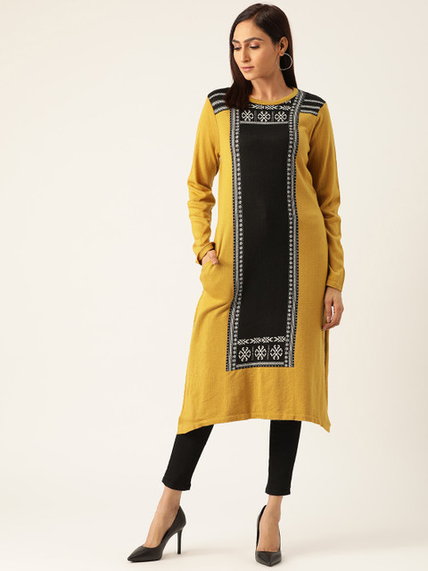 

American Eye Women Mustard Yellow & Black Knitted Colourblocked Straight Winter Kurta
