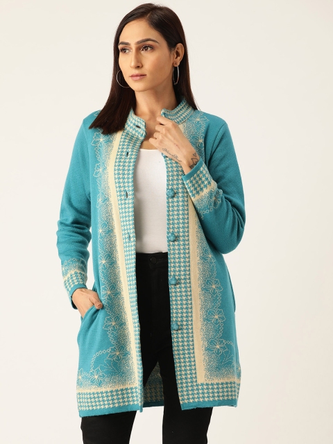 

American Eye Women Blue & Cream-Coloured Self Design Longline Cardigan Sweater