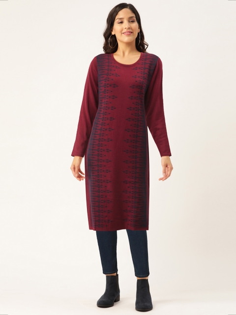 

American Eye Women Maroon & Navy Blue Woven Design Winter Straight Kurta