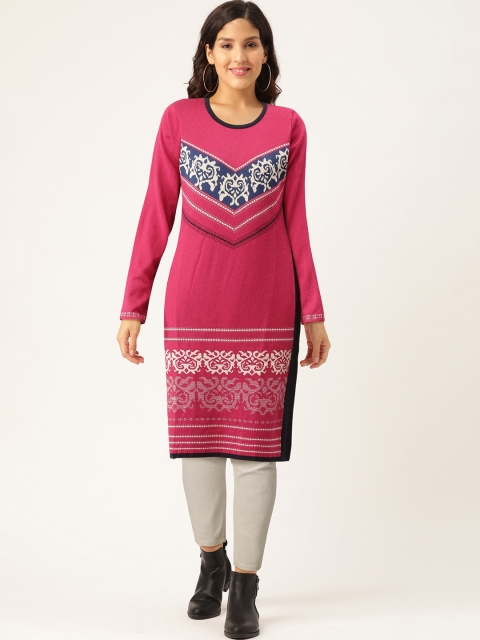 

American Eye Women Pink & White Woven Design Knitted Straight Winter Kurta