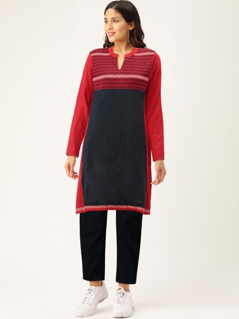 

American Eye Women Red & Navy Blue Solid Straight Knitted Winter Kurta