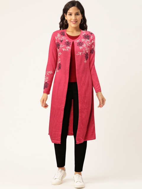 

American Eye Women Pink Solid Front-Open Longline Sweater