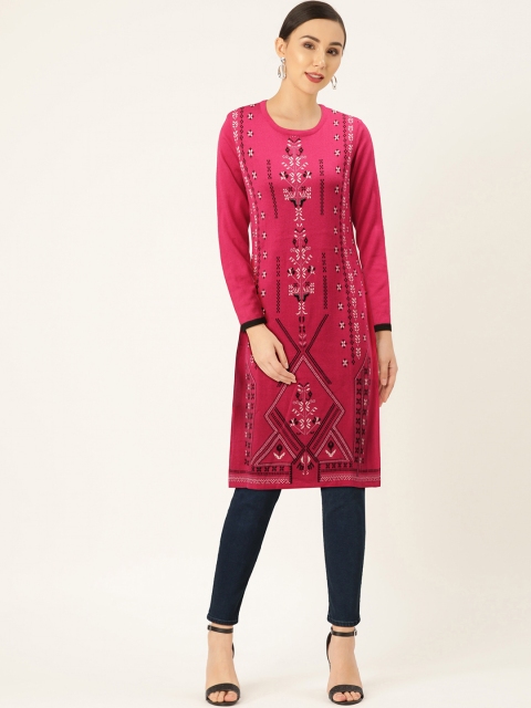 

American Eye Women Pink & White Woven Design Straight Winter Kurta