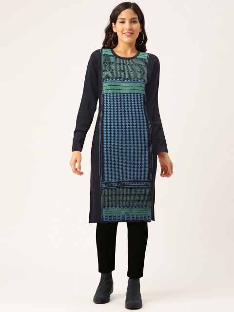

American Eye Women Navy Blue & Green Woven Design Straight Winter Kurta