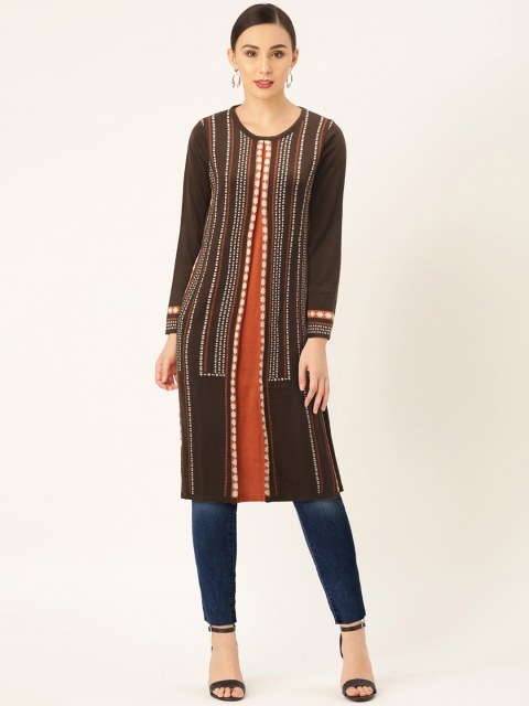 

American Eye Women Brown & White Woven Design Striped Straight Winter Kurta