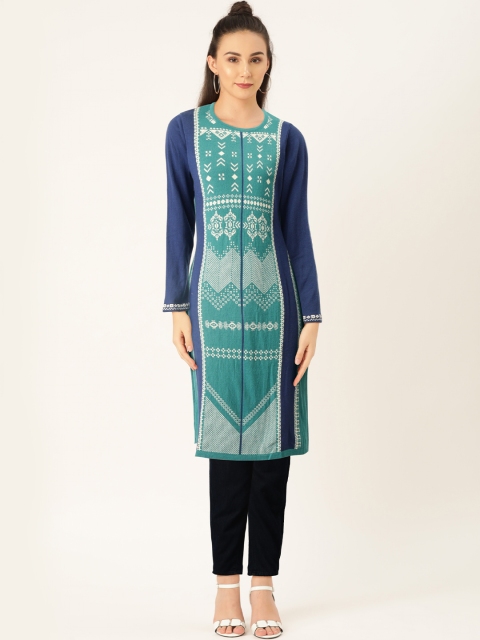 

American Eye Women Blue & White Geometric Woven Design Straight Winter Kurta